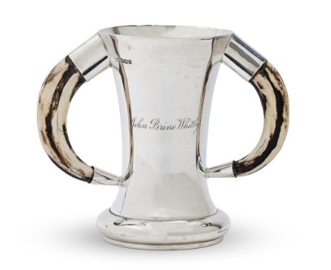 A George V silver cup, with boar's tusk handles, 17cm h, by Walker &amp; Hall Ltd, Sheffield 1930, 24oz 5dwt  Good condition 