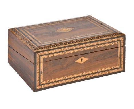 A Victorian rosewood and coloured straw work writing box, with fitted interior and brass capped inkwell, 31cm l  Good conditi