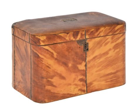 An early Victorian tortoiseshell tea caddy, c 1837,&nbsp;of rounded rectangular shape, enclosing a lid and lined interior, 11