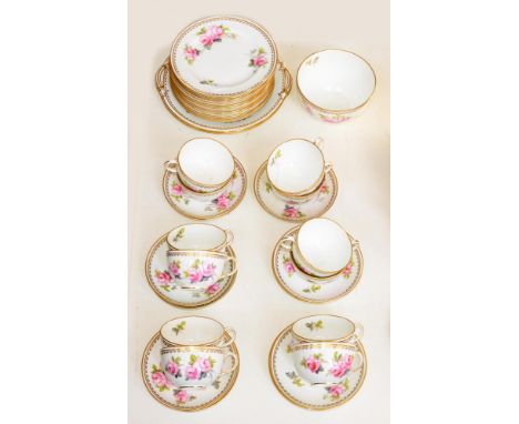 A Royal Crown Derby tea service, 1921, painted with roses, printed and impressed mark, red overglaze pattern no. 8098  In ove