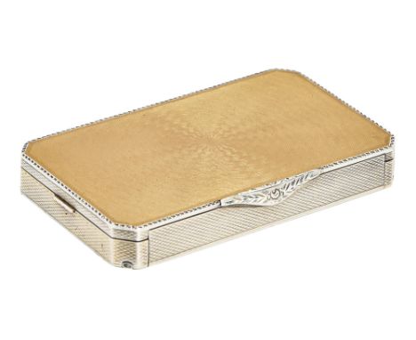 A Continental silver and yellow guilloche enamel compact, engine turned, with chased thumbpiece, 81mm l, import marked, H C F