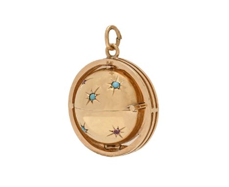 A ruby and turquoise star-set spherical gold locket, in circular pendant, the sphere opening to release three miniature circu