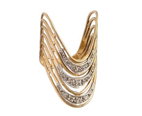 A diamond-set gold and white gold wave ring, 7.6g, size N  Light wear and scratches