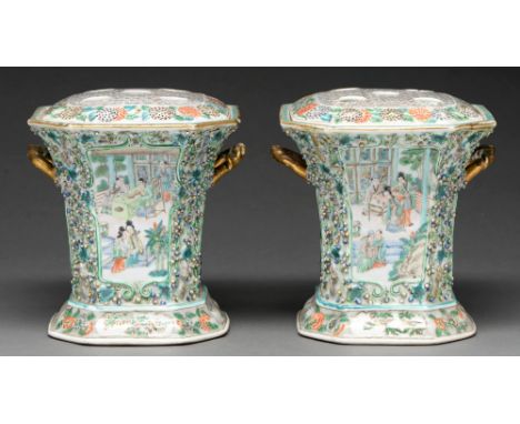 A pair of Chinese Canton famille verte bough pots, second half 19th c, of flared cut cornered square shape, applied with flyi