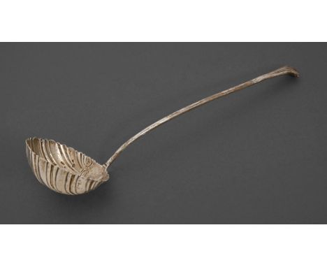 A George III silver soup ladle, Onslow pattern, with chased shell bowl, crested, maker's mark rubbed W-/R-, London 1762, 6oz 