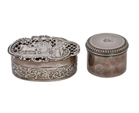 A George III silver pomade pot from a dressing set, the cover engine turned, 48mm diam, by John Reily, London 1814 and an Edw