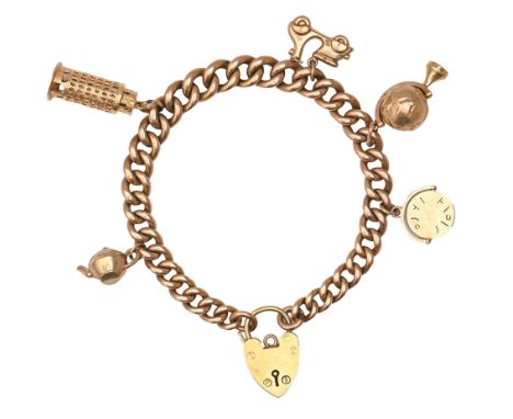 A gold charm bracelet, with gold padlock and five gold charms, 19cm l, links individually marked, 39.6g  Good condition, with