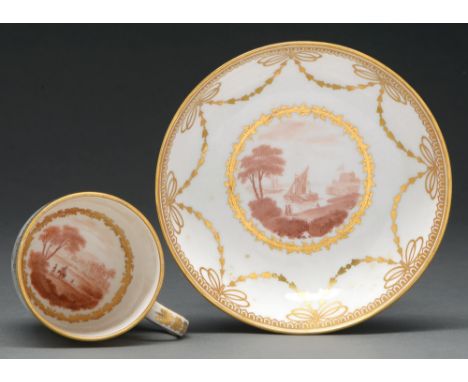 A Derby caudle cup and saucer, c 1785, painted by Zachariah Boreman with Italianate landscapes in sepia wash, in gilt leafy r