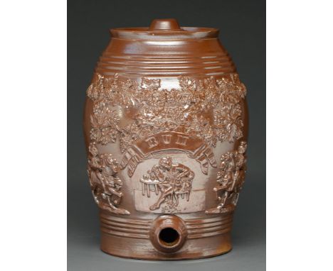 A British salt-glazed brown stoneware rum barrel, 19th c, moulded in relief with a tavern scene and fruiting vine, lustrous b