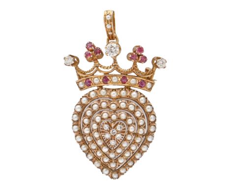 A ruby, diamond and split pearl crown-and- heart brooch-pendant, late 20th c, in 18ct gold, 39mm high, 8.8g  
