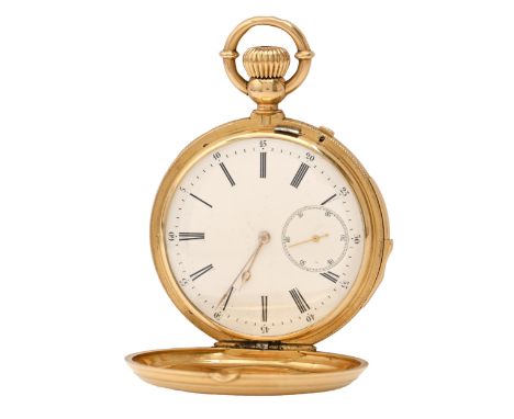 A Swiss 18ct gold hunting cased quarter-repeating keyless lever watch, late 19th c, with enamel dial, gold bow and cuvette, e