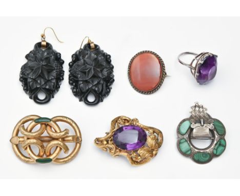 A cushion-shaped amethyst ring, in white metal, with 22 x 26mm amethyst, size P, a pair of Victorian carved jet earrings, a V