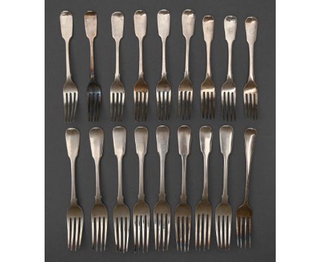 Eight silver table forks and nine silver dessert forks, George III-Victorian, Fiddle pattern, including several part-sets, al