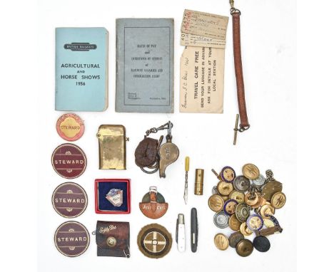 Railwayana. Miscellaneous British Railways livery buttons, a guardsman's whistle, enamel badges, silver and mother-of-pearl f