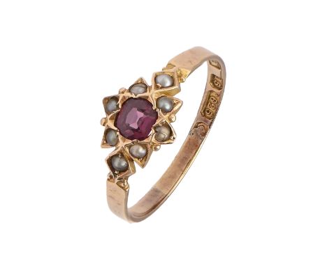 A Victorian amethyst and split pearl ring, in 15ct gold, part marked Birmingham c1900, 1.8g, size O  Neat old repair to hoop