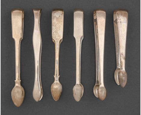 Six pairs of George III and George IV silver sugar tongs, all plain, five London, mostly maker's mark and lion passant only, 