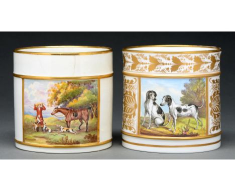 A Derby porter mug, c 1800, painted to the front with two black and white hounds in a landscape flanked by formal gilt foliag