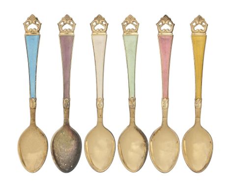 A set of six Danish silver gilt and harlequin guilloche enamel coffee spoons, mid 20th c, by Frigast, Copenhagen, 2oz  The lo