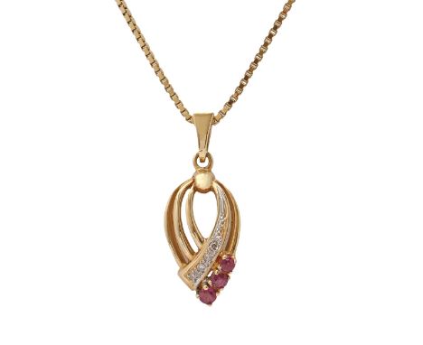 A ruby and diamond pendant, in gold marked 750, 18mm h, on gold necklet marked 750, 6g  Good condition