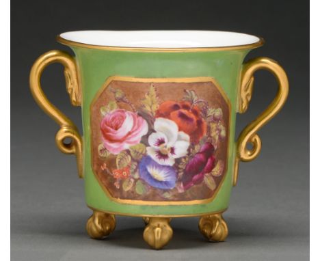 A&nbsp;Sampson Hancock Derby green ground cabinet chocolate cup, c 1900, painted with an octagonal reserve of flowers, with g