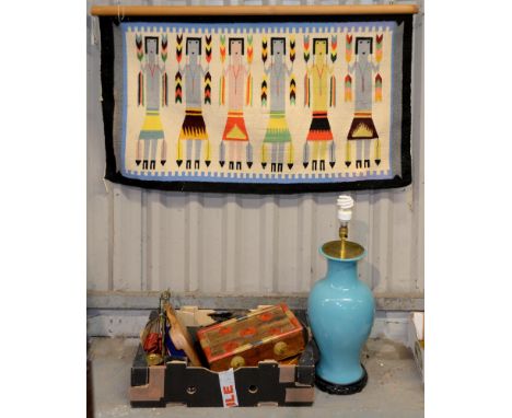 A turquoise glazed earthenware lamp, on wood base, 31cm h excluding fitment, a woven wool wall hanging and miscellaneous ethn