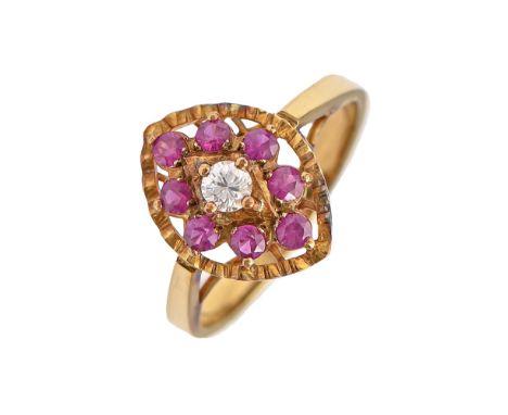 A diamond and synthetic ruby ring, in gold, marked 585, 3.9g, size O  Good condition