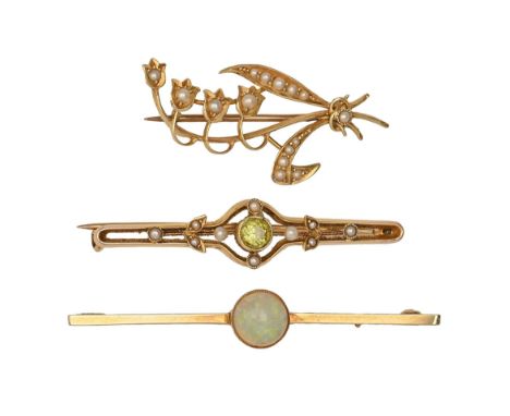 A split pearl lily-of-the-valley brooch, early 20th c, in gold, 37mm l, marked 15ct, a peridot and split pearl brooch, in gol