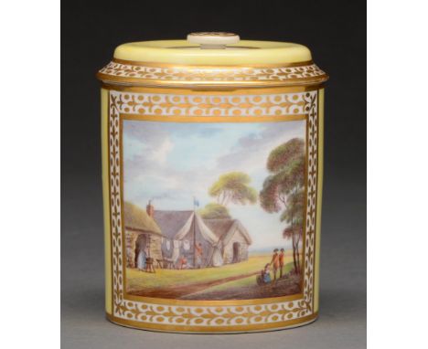 A Derby yellow ground cabinet chocolate cup and cover, c 1796-1800, painted by John Brewer with British redcoats and civilian