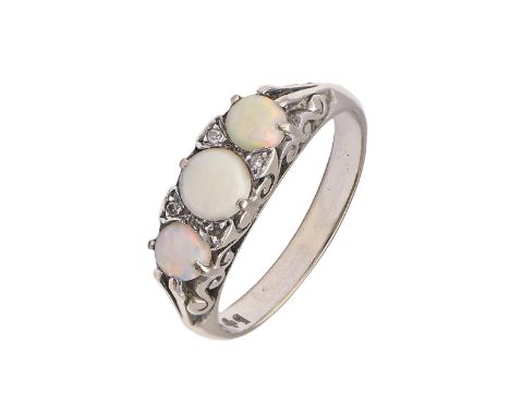 An opal ring with diamond accents, in white gold, marked 9ct, 2.6g, size L  Opals wanting polish from wear