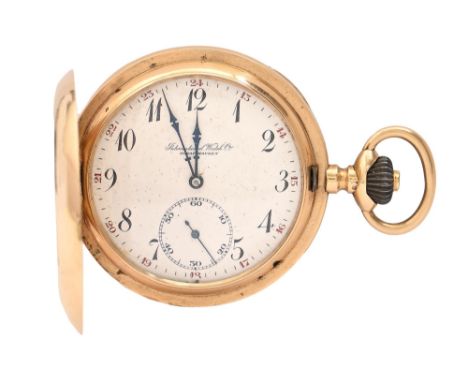 An International Watch Co 14ct gold hunting cased keyless lever watch, No 287001, with gilt finished movement, enamel dial, e