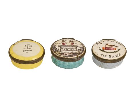 Three South Staffordshire enamel patch boxes, late 18th c,&nbsp;the lid painted with birds and inscriptions Keep this for my 