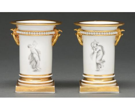 A pair of Barr, Flight &amp; Barr frilled vases, c 1805-10, painted en grisaille with a classical figure, gilt eagle's head a