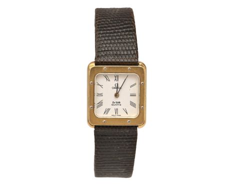 An Omega 18ct gold square lady's wristwatch, De Ville Quartz, 22 x 22mm, on leather strap with gold-plated buckle, red suede 