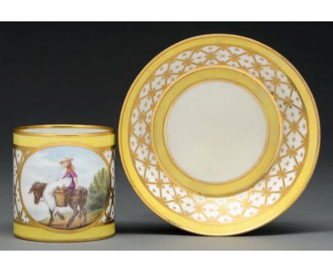 A Derby yellow ground cabinet coffee can and stand, c 1800, painted by John Brewer with a Country Girl of Tuscany, from Thoma