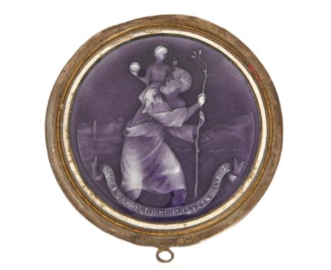 A silver and translucent purple enamel pendant of St Christopher,&nbsp; 54mm diam, by J R Gaunt &amp; Son, Birmingham 1927, 1