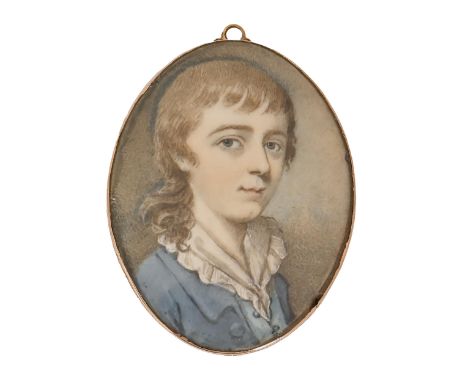 English School, c1770 - Portrait miniature of a Boy,&nbsp; with light brown shoulder length hair, in light blue coat, sky bac