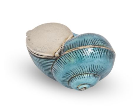A German silver and guilloche enamel snail-shaped comfit box, early 20th c, 44mm l, maker's mark and 800, 1oz 2dwt  Re-enamel