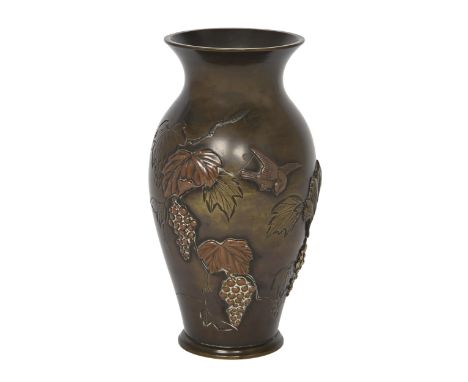A Japanese bronze baluster vase, Meiji period, carved and applied&nbsp;with birds and grapes, 19cm h  Good condition