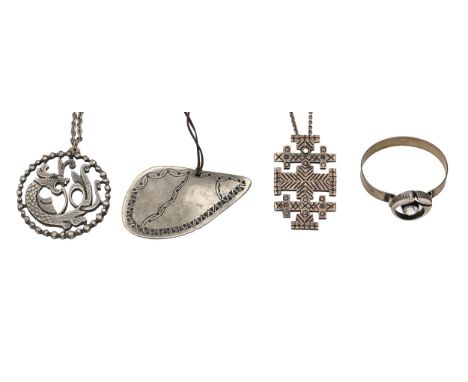 A Frey silver pendant, 72mm h, marked E FREY STERLING, a white stone and metal bangle, signed K L, a Jorgen Jensen pewter pen