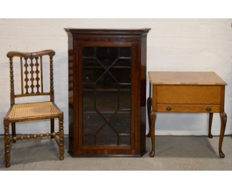 A mahogany hanging corner cabinet, 19th c, with dentil cornice, 107cm h, a Victorian caned and stained beech bobbin turned ch