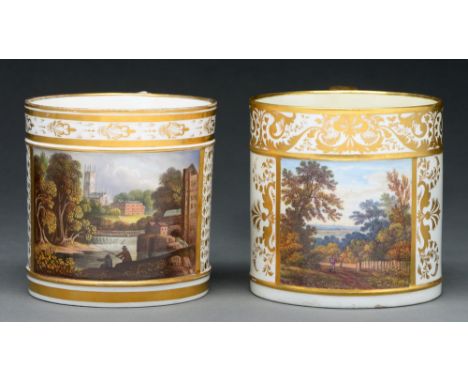 A Bloor Derby mug, c 1820, painted to front by Daniel Lucas with a view of Derby from the River Derwent with anglers in the f