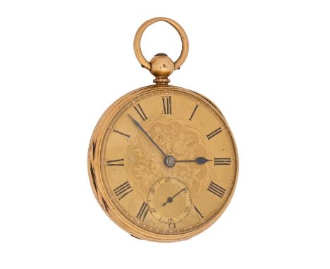 A Victorian 18ct gold lever watch, P Parriss, Rugby, No 36554,&nbsp;with engraved dial and blued steel hands, in engine turne