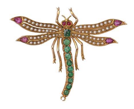An emerald, ruby and split pearl dragonfly brooch, in gold, 45 x 55mm, unmarked, 10g  Complete and in good condition