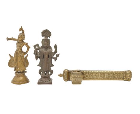 An Indian bronze sculpture of Vishnu, another Indian devotional brass sculpture and a Persian engraved brass scribe's pen cas
