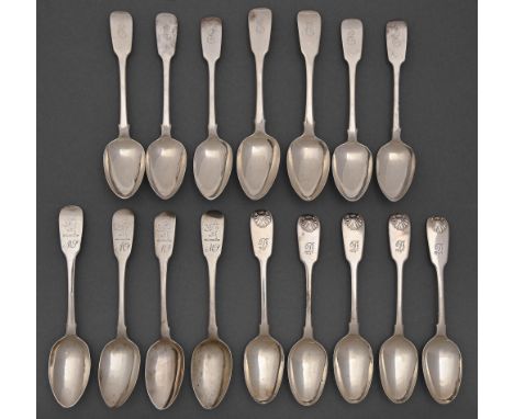 Three sets of English and Irish George III, George IV and Victorian silver teaspoons, Fiddle and Fiddle and Shell pattern, th