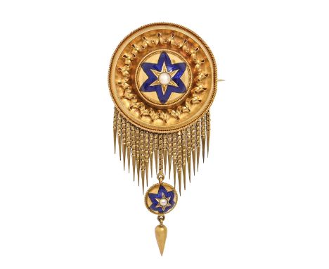 A Victorian split pearl, gold and enamel brooch,&nbsp; with conforming drop and fringe, 73mm, fitted maroon morocco case, 17.