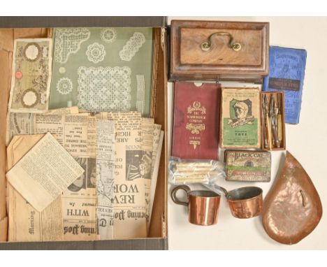 Miscellaneous bygones, 19th and 20th c, including a tea caddy, lace samples, copperware, printed ephemera, etc  