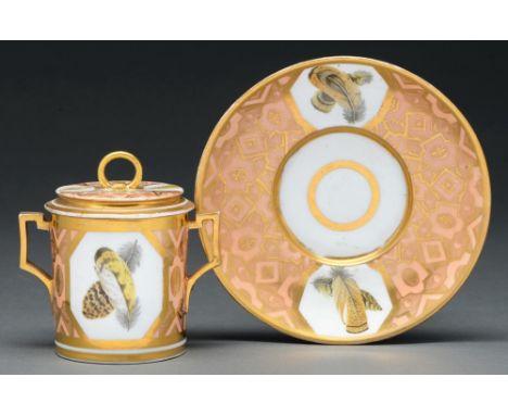A Derby cylindrical chocolate cup, cover and stand, c 1810, outside decorated with reserves of loose bird feathers, the salmo