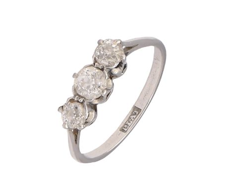 A diamond ring, with old cut diamonds, in platinum, marked PLAT, 2.6g, size J  Light wear