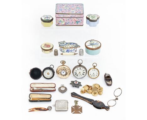 Miscellaneous objets d'art, to include a lorgnette, silver lever watch, silver heart shaped lady's watch, gold plated half hu